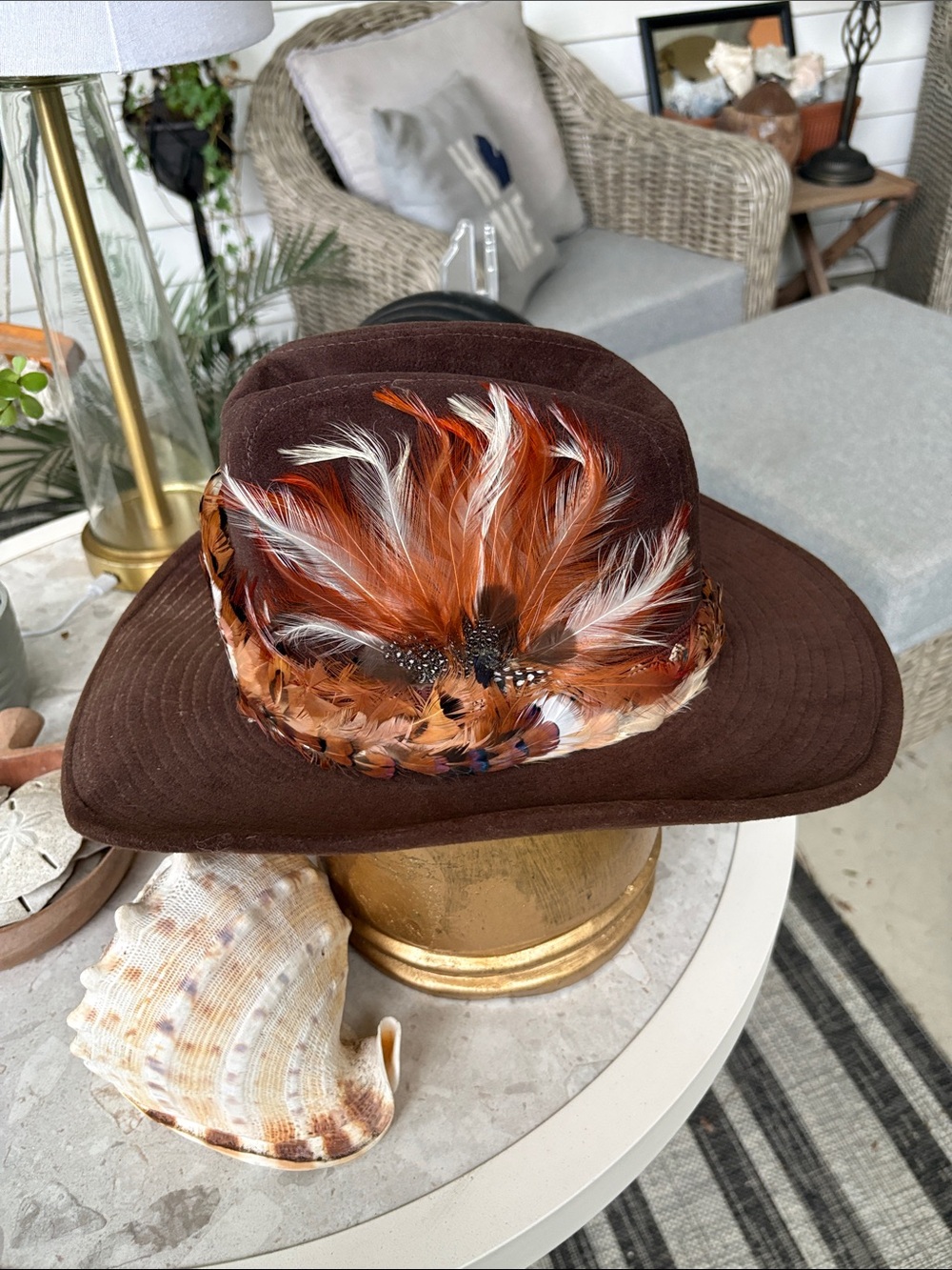 Brown Peacock Feather Trim Cowboy Hat Canyon Trail Suede Western Boho Retro